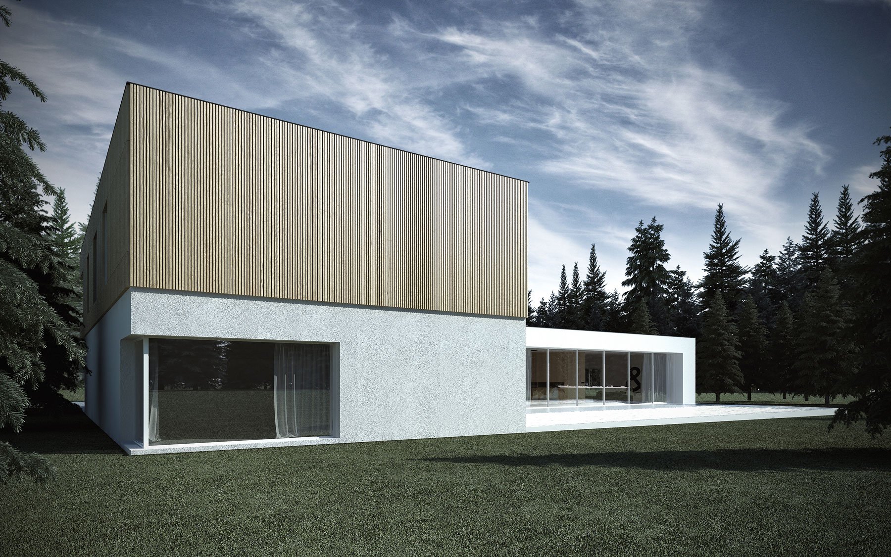 Minimalist shape with wooden verticals on the elevations of EHouse Project by Minimal Architects-03