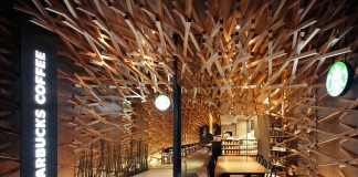 Wooden Starbucks Interior Design in Fukuoka by Kengo Kuma and Associates