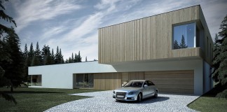 Minimalist shape with wooden verticals on the elevations of EHouse Project by Minimal Architects