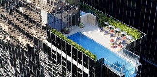 Aedas designed the Hotel Indigo in Hong Kong with a swimming pool that hangs out over the edge of the building
