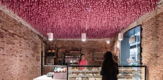 Bakery in Madrid with stunning 12,000 Pink-Painted Wooden Sticks Ceiling by Ideo arquitectura