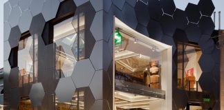 Honeycomb inspired the hexagonal shape on the facade of an furniture store in São Paulo