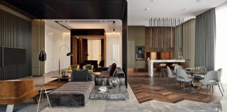 Luxurious interior design created by the various materials and colors used in the Oko Tower apartment in Moscow