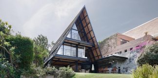 The A-frame shape is used to capture most of the beautiful natural surroundings