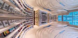 Arbitrary lines form scattered ladders with different heights for walking or sitting in Zhongshuge Bookstore Chengdu, China
